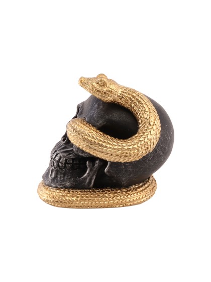 SCHÄDEL KUNSTHARZ SCHLENGEL GOLD 14.5CM X 14CM X 13.5CM