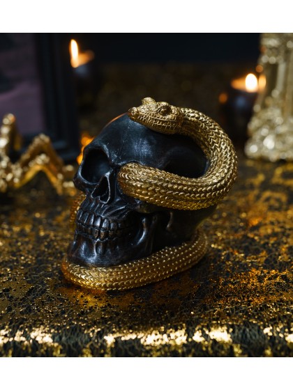 SCHÄDEL KUNSTHARZ SCHLENGEL GOLD 14.5CM X 14CM X 13.5CM