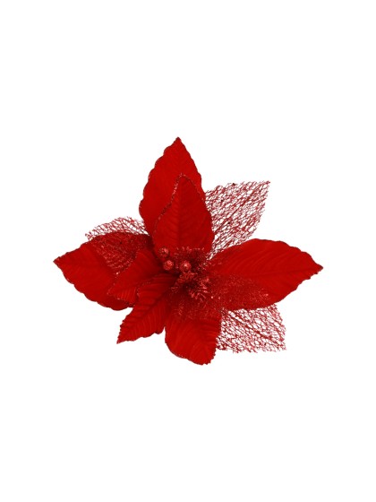 POINSETTIA GLITTER ROUGE SUR CLIP DIA 33CM X 25CM