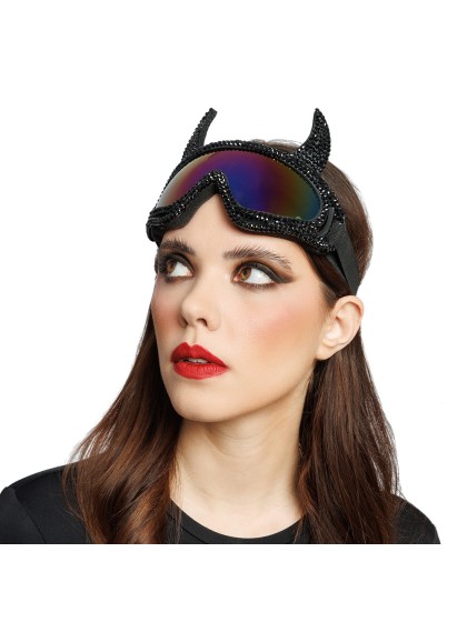 BRILLE MASKE AUS SKI TEUFEL STRASS DIAMONDS SCHWARZ 18CM X 13CM
