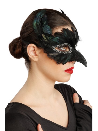 MASQUE CORBEAU PLUMES NOIR 17CM X 12CM X 15CM