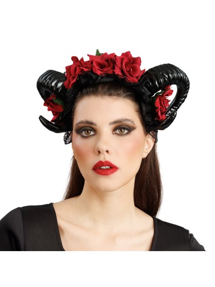 RED ROSES AND BLACK HORNS HEADBAND 30CM X 10.5CM X 16CM