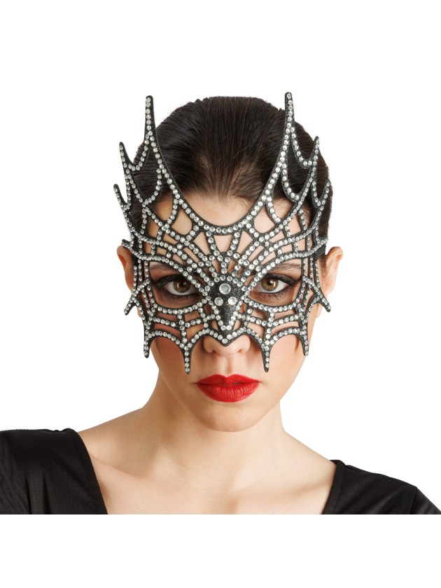 HALB MASKE SPINNENNETZ STRASS SILBER 21CM X 2.5CM X 20CM