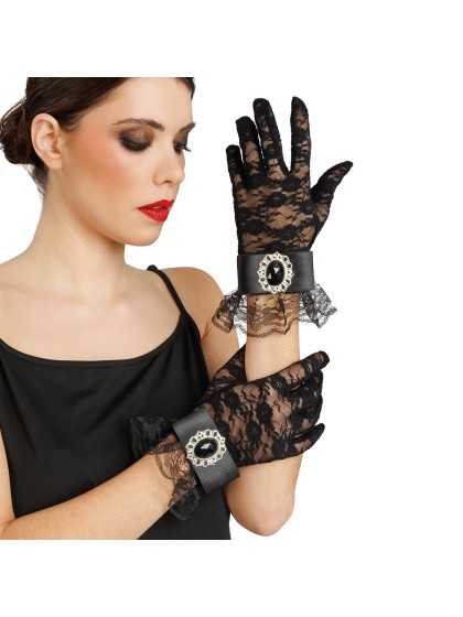 GANTS DENTELLE AVEC PIERRE NOIRE TU - 25CM