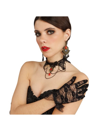 KIT 3 PCS - COLLIER BOUCLES D’OREILLES RUBIS ET GANTS DENTELLE COLLIER: 34CM X 0.5CM X 10CM BO: 5CM X 0.5CM X 8CM GANTS: 8.5C
