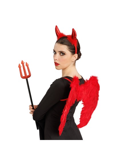 KIT DIABLE ROUGE - 3 PCS AILES SERRE-TÊTE TRIDENT AILES: 60CM X 42CM X 2CM TRIDENT: 7.5CM X 1CM X 53CM