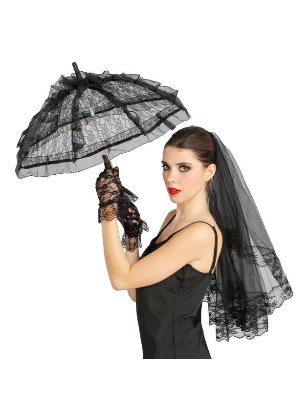 KIT DENTELLE VEUVE NOIRE - 3 PCS OMBRELLE VOILE GANTS OMBRELLE: 8CM X 8CM X 57CM VOILE: 30CM X 70CM GANTS: 9CM X 24CM