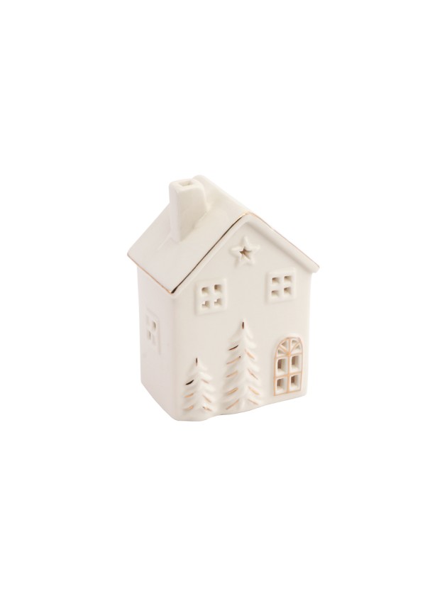 WHITE AND GOLD CERAMIC HOUSE CANDLHOLDER 9.1CM X 7CM X 13CM