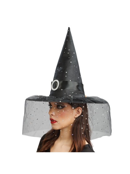 GLITTER AND BUCKLE ADULT BLACK WITCH HAT 41CM X 41CM X 37CM