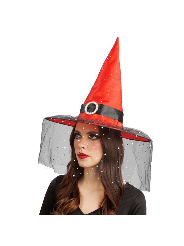 CHAPEAU DE SORCIERE ROUGE BOUCLE ET PAILLETTES ADULTE 41CM X 41CM X 37CM