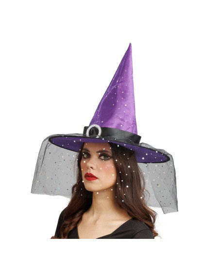 CHAPEAU DE SORCIERE VIOLET BOUCLE ET PAILLETTES ADULTE 41CM X 41CM X 37CM