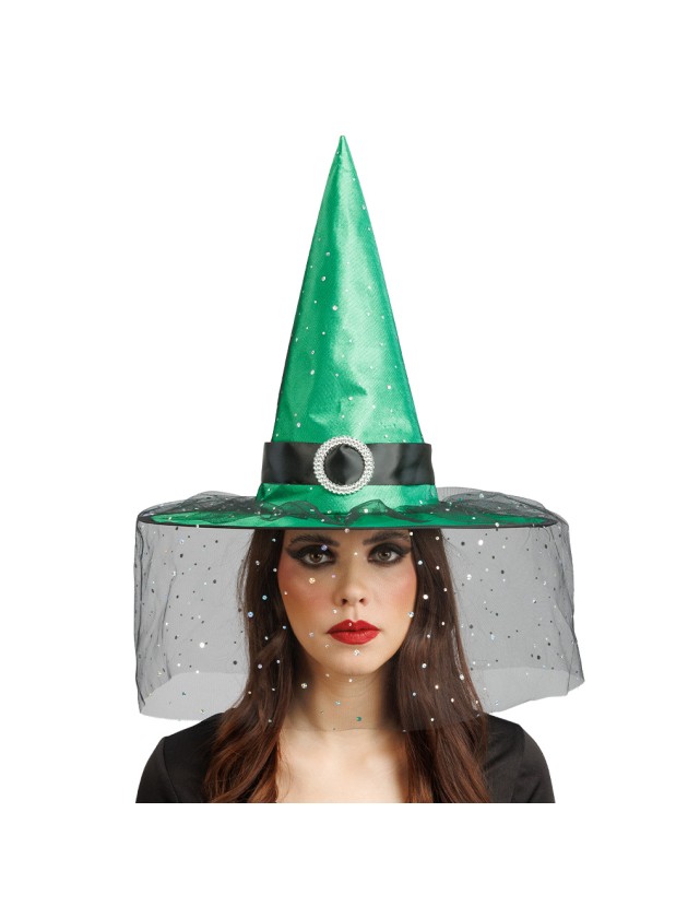 CHAPEAU DE SORCIERE VERT BOUCLE ET PAILLETTES ADULTE 41CM X 41CM X 37CM