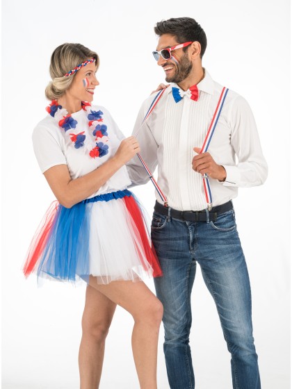 FRANCE SUPPORTER 3PCS SET SUSPENDERS 2.5CM X 0.5CM X 100CM BOW TIE 13CM X 1.5CM X 7CM GLASSES 14.5CM X 4.5CM