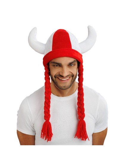 WHITE AND RED HORNS AND BRAIDS FABRIC HELMET 34CM X 4.5CM X 56CM