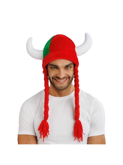 RED AND GREEN HORNS AND BRAIDS FABRIC HELMET 34CM X 4.5CM X 56CM