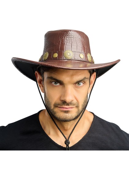 BROWN COWBOY HAT CROCO LEATHER EFFECT ONE SIZE