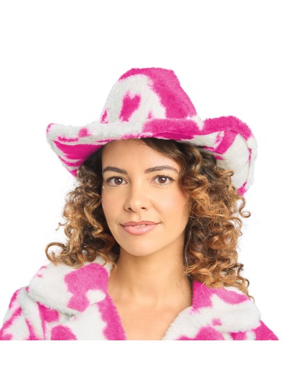 PINK AND WHITE COW PRINT COWBOY HAT ONE SIZE