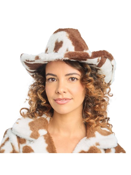 BROWN AND WHITE COW PRINT COWBOY HAT ONE SIZE