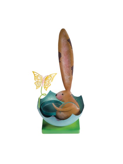 BOUGEOIR LIEVRE METAL COQUILLE BLEUE  25CM