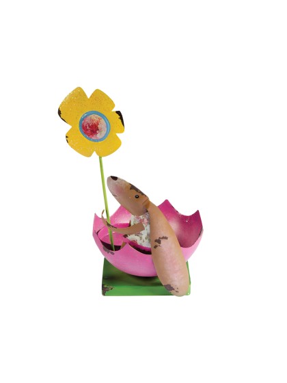 BOUGEOIR LIEVRE METAL COQUILLE ROSE  23CM