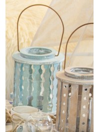 LANTERNE BOIS BLEU CIEL AV BOUGEOIR VERRE 13.5CM X 11.5CM