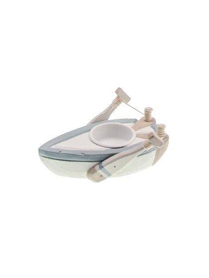 KERZENHALTER CH PLAT BARQUE HOLZ WEISS BLAU CIEL TAUPE 14CM X 9.5CM X 7CM