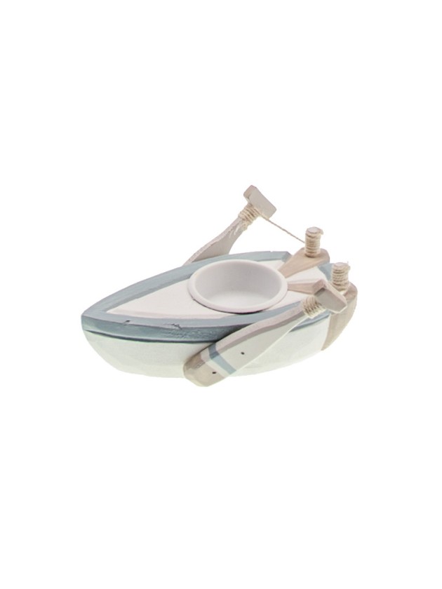 KERZENHALTER CH PLAT BARQUE HOLZ WEISS BLAU CIEL TAUPE 14CM X 9.5CM X 7CM