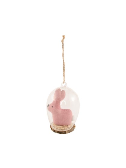 SUSPENSION VERRE LAPIN TISSU ROSE  7.2CM X 11CM
