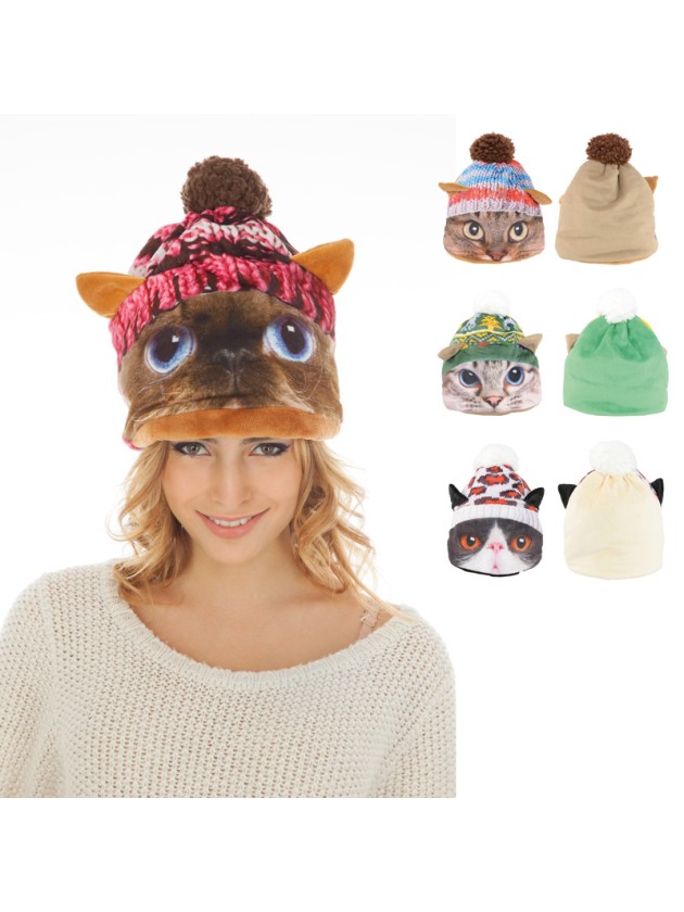 BONNET CHAT TRICOT 4 ASS GRIS/ROSE/VERT/BLANC TU