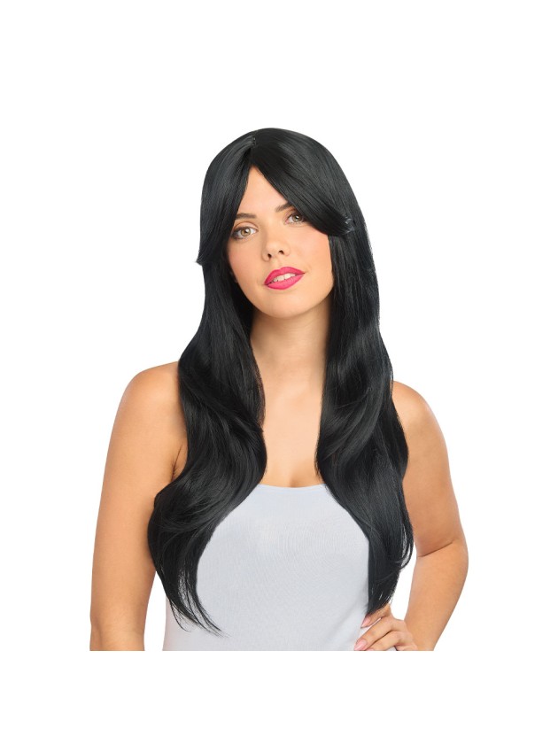 PERRUQUE SIENNA CHEVEUX LONGS NOIR AVEC FRANGE RIDEAU 68CM
