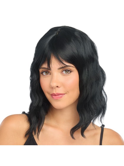 PERRUQUE TESSA CHEVEUX COURTS ONDULES AVEC FRANGE NOIR 35CM