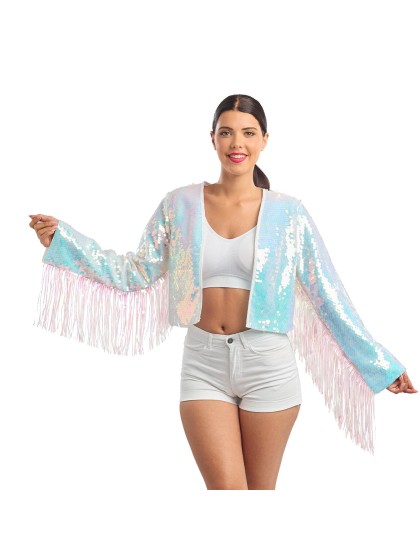 VESTE A SEQUINS ET MANCHES A FRANGES BLANC IRISE S