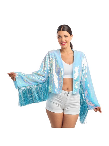 VESTE A SEQUINS ET MANCHES A FRANGES BLEU IRISE L