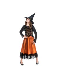 SORCIERE LUCINDA ORANGE A SEQUINS AVEC CHAPEAU 2 PIECES 116CM