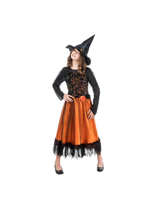 SORCIERE LUCINDA ORANGE A SEQUINS AVEC CHAPEAU 2 PIECES 128CM