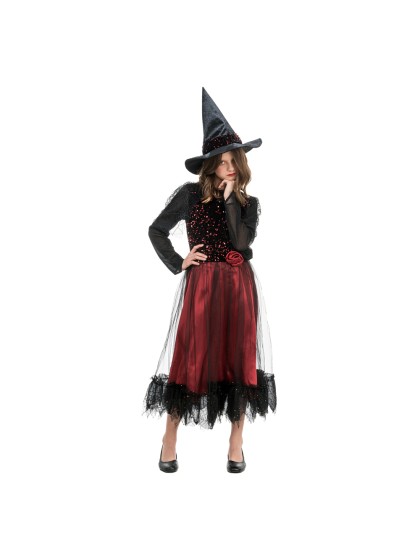SORCIERE LUCINDA BORDEAUX A SEQUINS AVEC CHAPEAU 2 PIECES 128CM