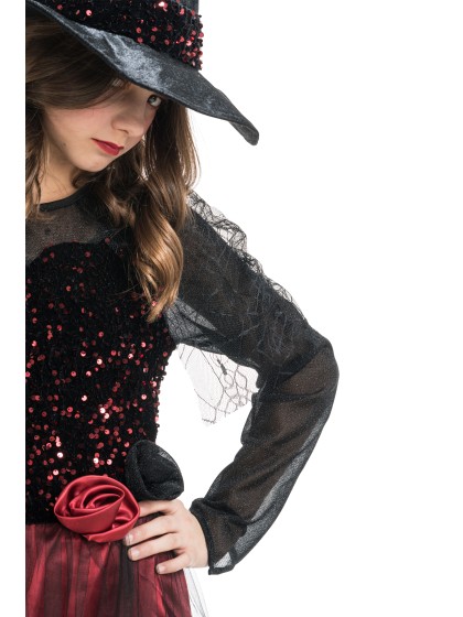 SORCIERE LUCINDA BORDEAUX A SEQUINS AVEC CHAPEAU 2 PIECES 128CM