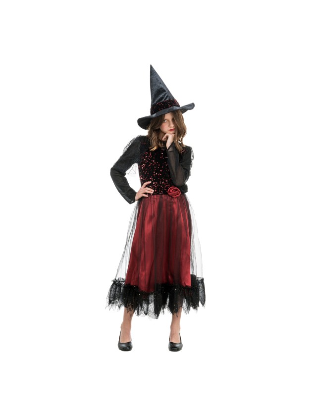 SORCIERE LUCINDA BORDEAUX A SEQUINS AVEC CHAPEAU 2 PIECES 140CM