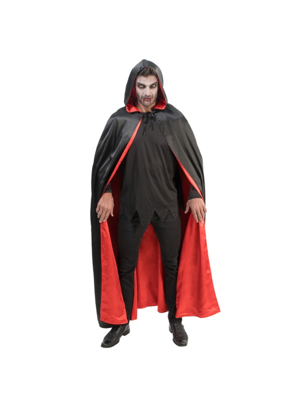 ADULT REVERSIBLE BLACK AND RED SATIN CAPE WITH HOOD ONE SIZE - 150CM