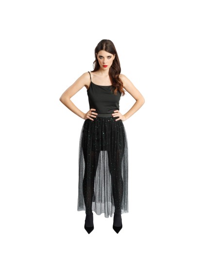JUPE LONGUE TULLE NOIR SEQUINS VERTS L-XL