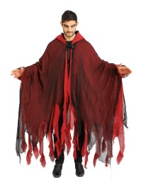 BLACK AND RED RAGGED HOODED CAPE ONE SIZE