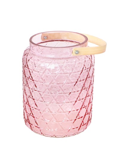 WINDLICHT GLAS ROSA PASTELL / HENKEL BAMBUS DIA 18CM X 26.7CM