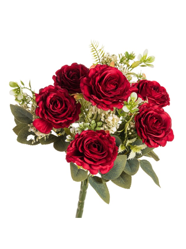 BOUQUET 6 ROSES ROUGES AV FEUILLAGES 43CM