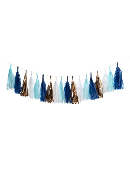 GIRLANDE 18 POMPOMS BLEU/BLANC/OR 214CM X 20CM