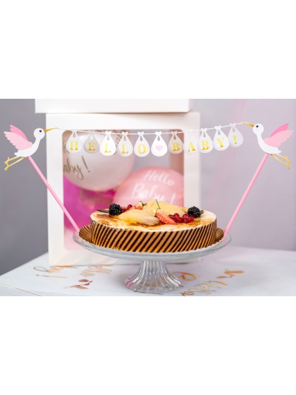 CAKE TOPPER ROSE/BLANC HELLO BABY 27CM X 16CM