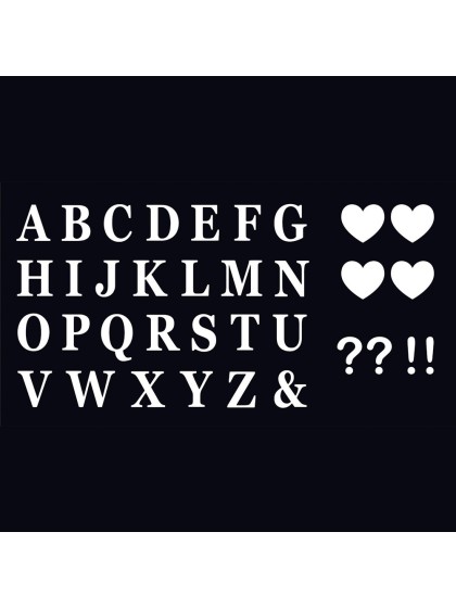 SET DE 48 LETTRES ADHESIVES + 4 COEURS + 2 ? +2 ! BLANCS 7.5CM