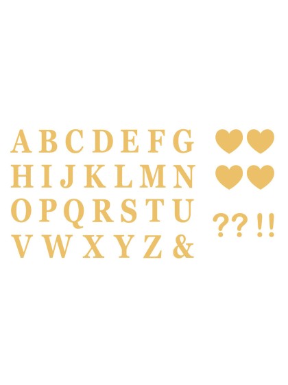 SET AUS 48 BUCHSTABEN  SELBSTKLEBEND + 4 HERZEN + 2 ? +2 ! GOLD 7.5CM