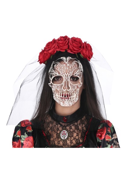 KOPFSCHMUCK TAG DER TOTEN ROSA ROT MIT VOILE BEDRUCKT 