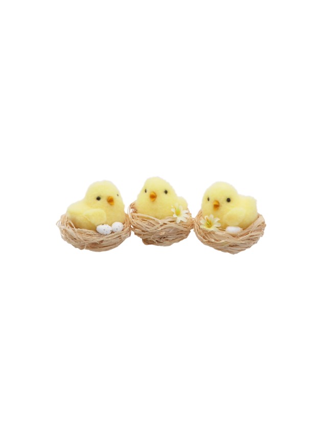 POUSSIN JAUNE DANS NID - 3 ASS DIA 6 CM X 6CM
