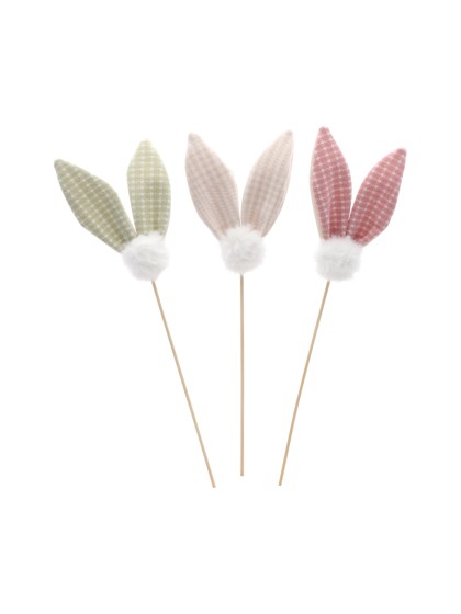 GINGHAM RABBIT EARS W/ POMPOM ON STICK - 3 ASS 8CM X 2CM X 30CM